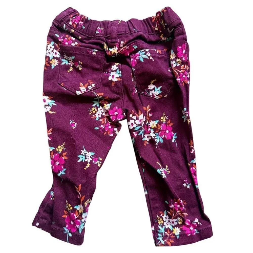 Baby Girls Carters Burgundy Floral Print Pull On Pants Jeans - Sz 6 mo